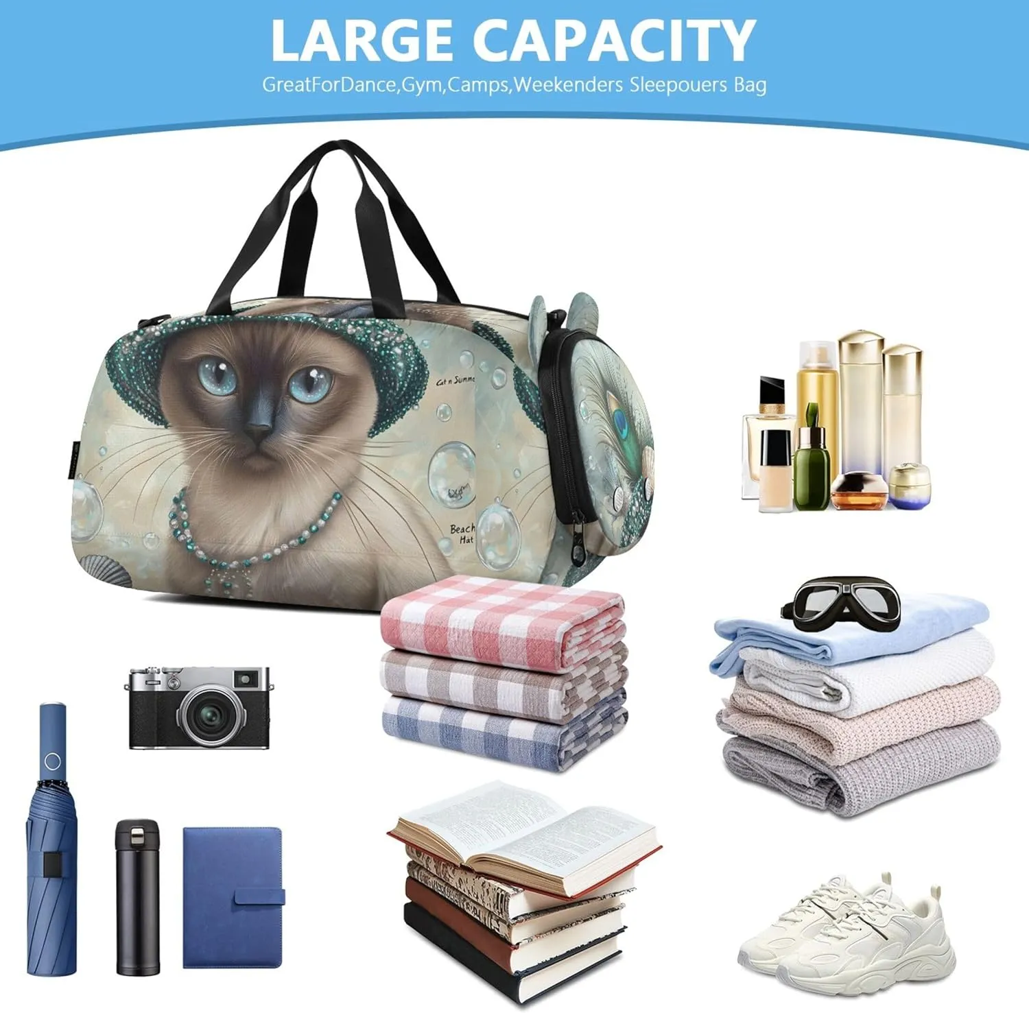 Elegant Siamese Cat Peacock Hat Duffle Bags for Traveling Tote Overnight Weekender Duffel with Shoe Compartment Carry on Duffel Bag Boys