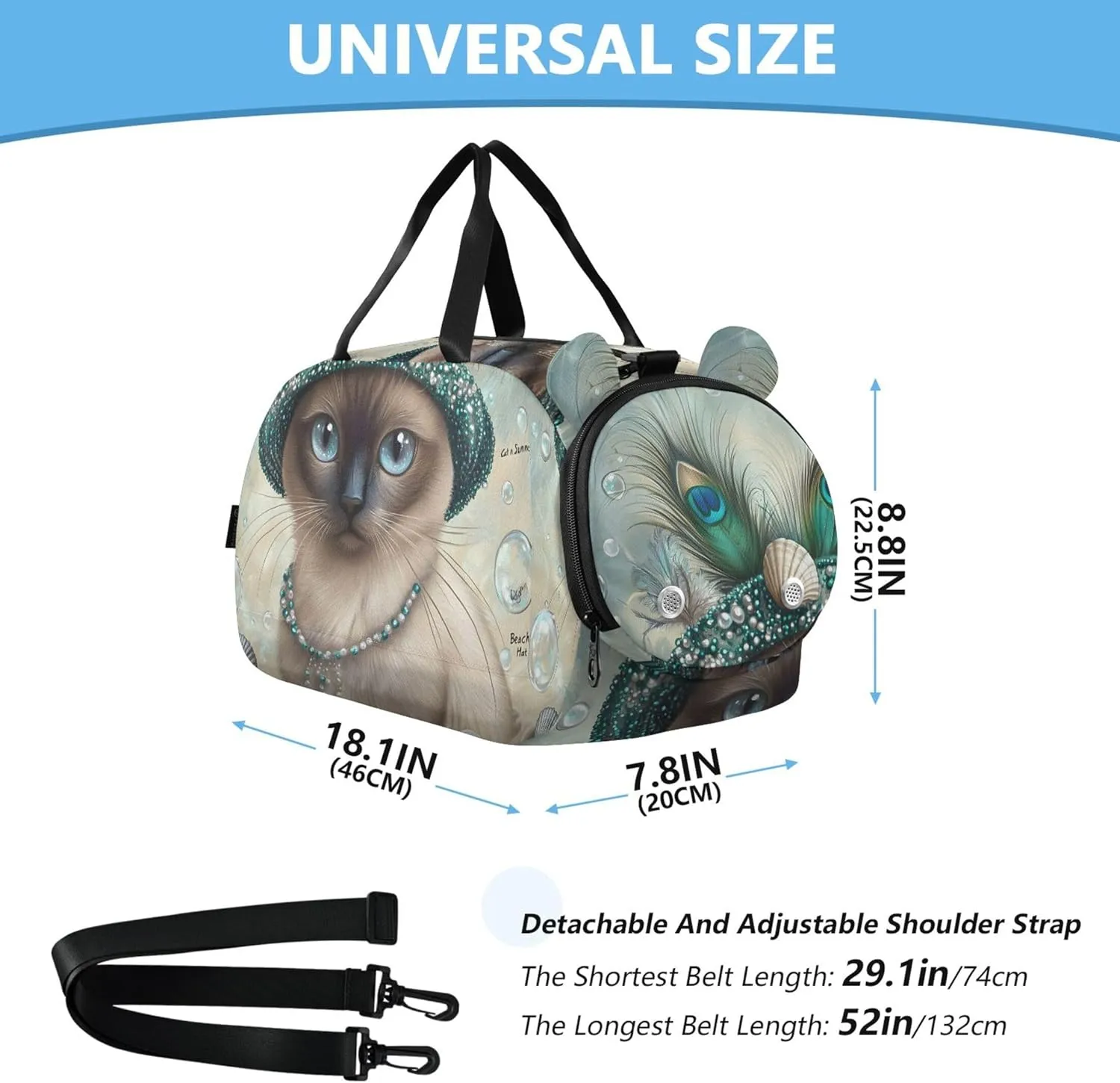 Elegant Siamese Cat Peacock Hat Duffle Bags for Traveling Tote Overnight Weekender Duffel with Shoe Compartment Carry on Duffel Bag Boys