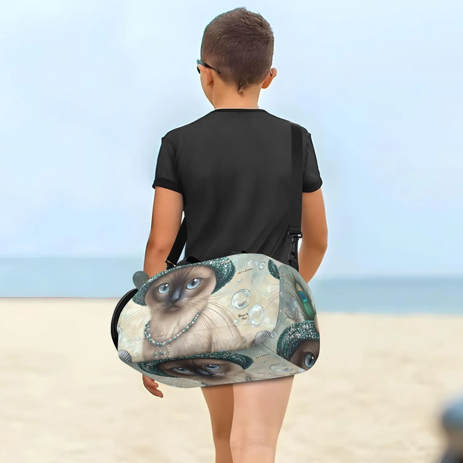 Elegant Siamese Cat Peacock Hat Duffle Bags for Traveling Tote Overnight Weekender Duffel with Shoe Compartment Carry on Duffel Bag Boys