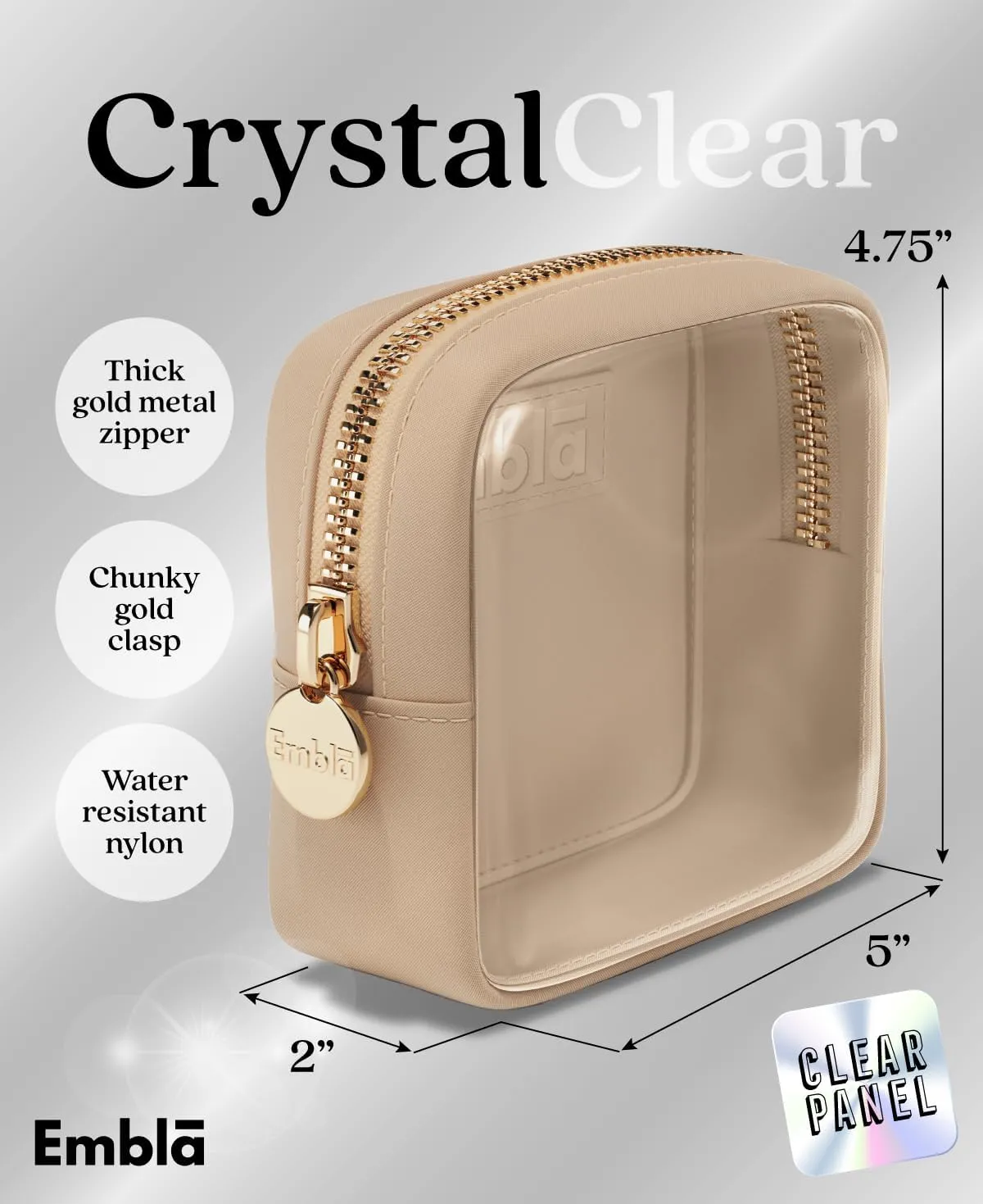 Embla Clear Cosmetic Bag Makeup Case, Clear Zipper Make Up Pouch and Toiletry Travel Tote, Cute Skincare Pouches for Women Girls, Preppy Purse Cosmetic Organizer, Mini Makeup Bags, Sand