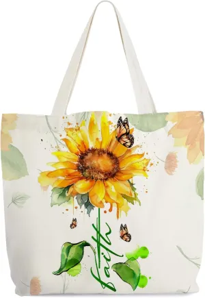 Faith Canvas Tote Bag for Women, Sunflower Christian Tote, Honey Bee Religious Gift Bag, Library Book Bag, Shoulder Bag Christian Gifts for Women Friends Colleagues -24