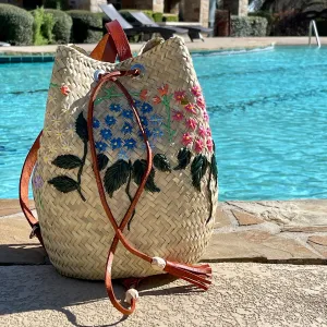 Floral Embroidered Straw Backpack with Leather Handles