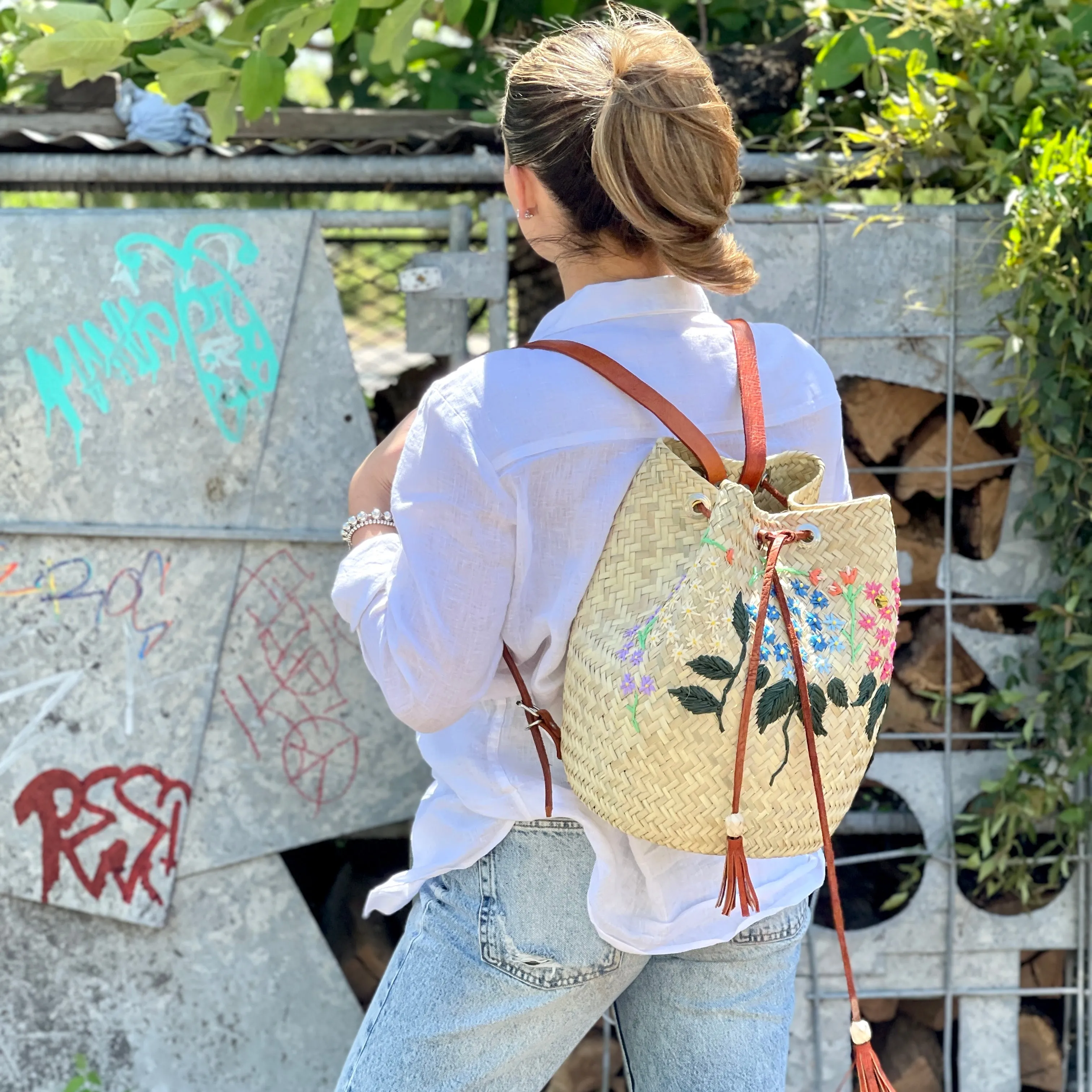 Floral Embroidered Straw Backpack with Leather Handles