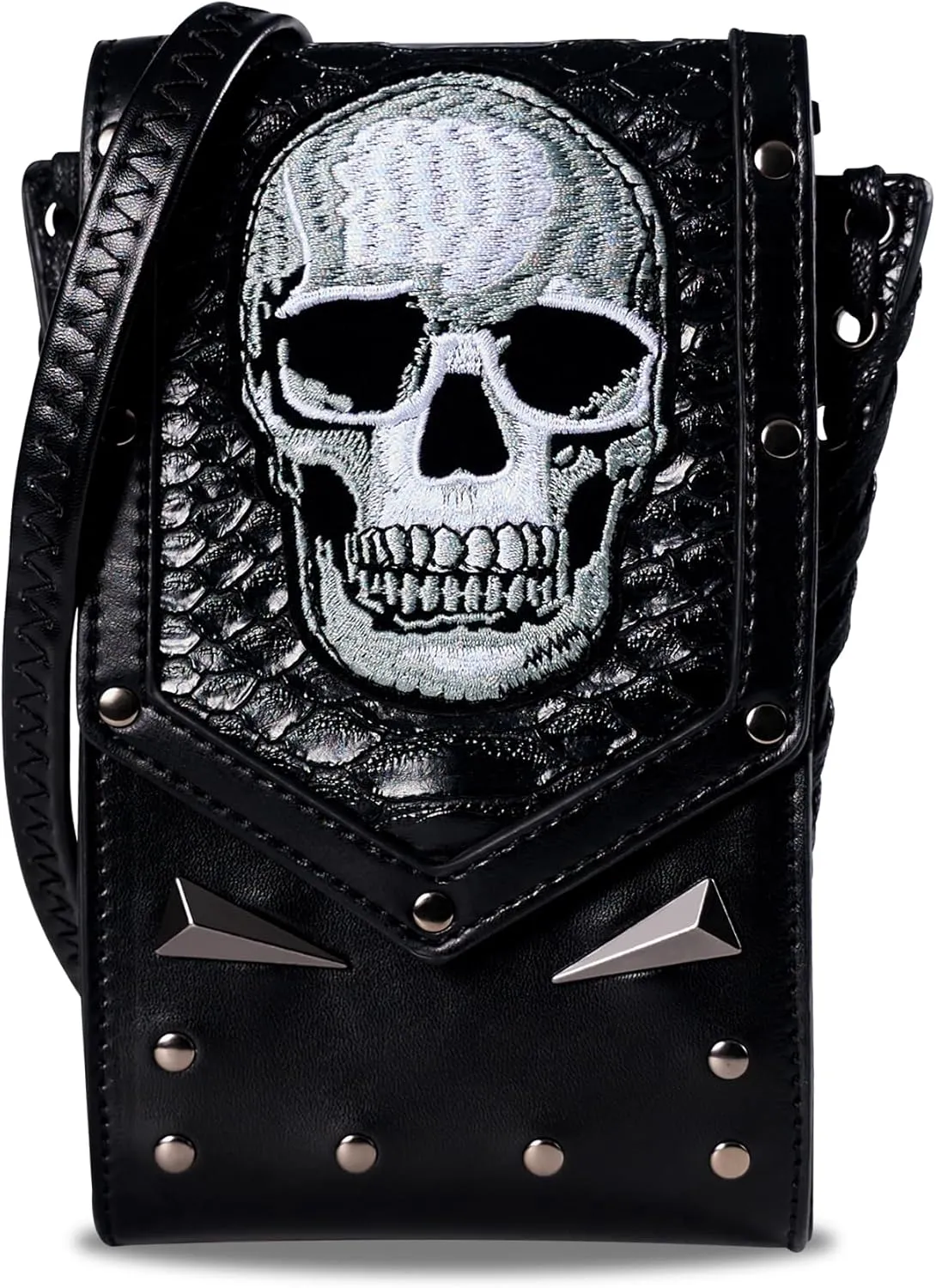 Gothic Skull Purse,Small Crossbody Bag,Studded Leather Mini Cell Phone Bag with Adjustble Strap for Men Women