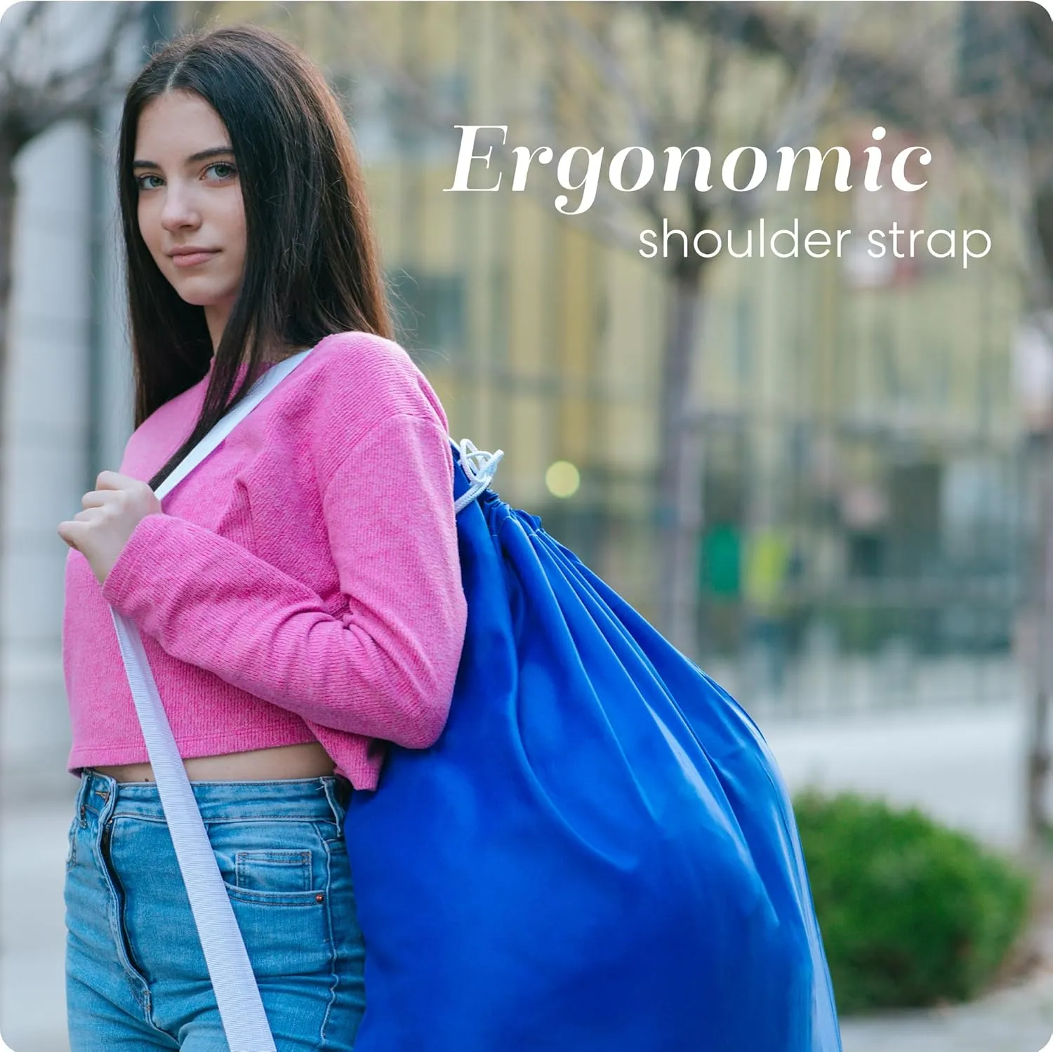 Handy Laundry Shoulder Strap Bag - Drawstring Locking Closure, Durable Nylon Material, Large Capacity, Heavy Duty Stitching, Perfect for Laundromat or College Dorm (Blue | 30" x 40")