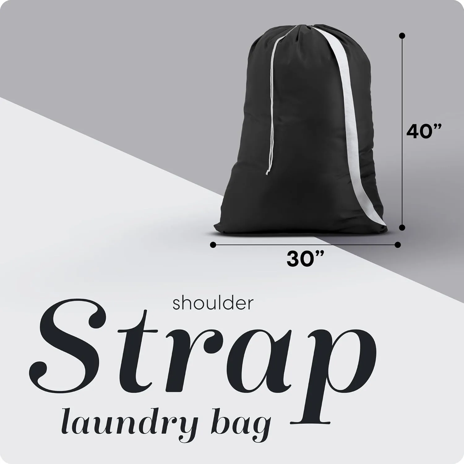 Handy Laundry Shoulder Strap Bag - Pack of 2 - Drawstring Locking Closure, Durable Nylon Material, Large Capacity, Heavy Duty Stitching, Perfect for Laundromat or College Dorm (Black | 30" x 40")