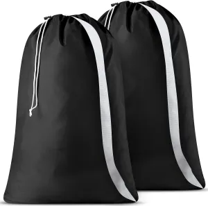 Handy Laundry Shoulder Strap Bag - Pack of 2 - Drawstring Locking Closure, Durable Nylon Material, Large Capacity, Heavy Duty Stitching, Perfect for Laundromat or College Dorm (Black | 30" x 40")