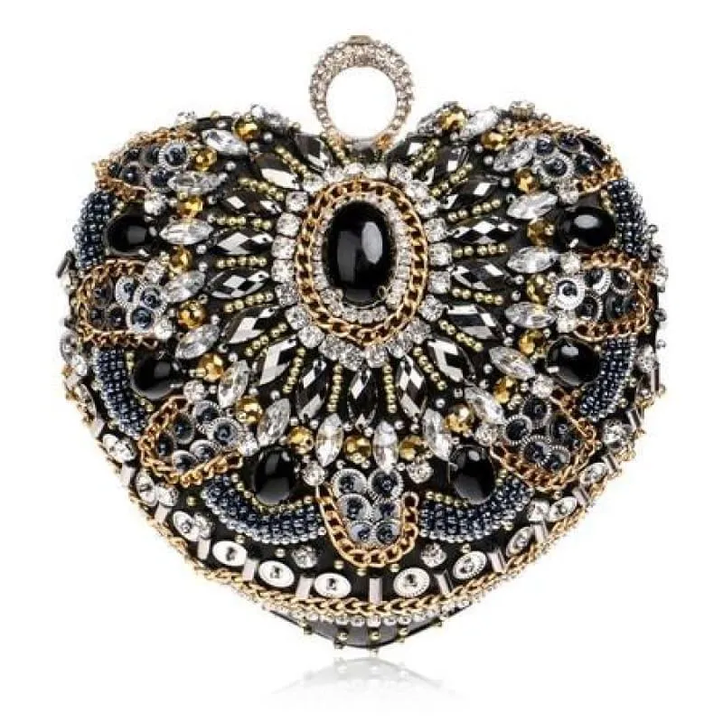 Heart Finger Ring Diamonds Purse Clutch Embroidery Beaded Rhinestones Bag