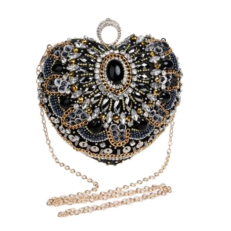 Heart Finger Ring Diamonds Purse Clutch Embroidery Beaded Rhinestones Bag