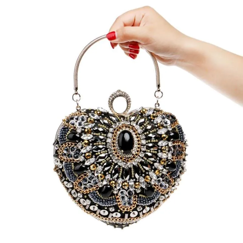 Heart Finger Ring Diamonds Purse Clutch Embroidery Beaded Rhinestones Bag