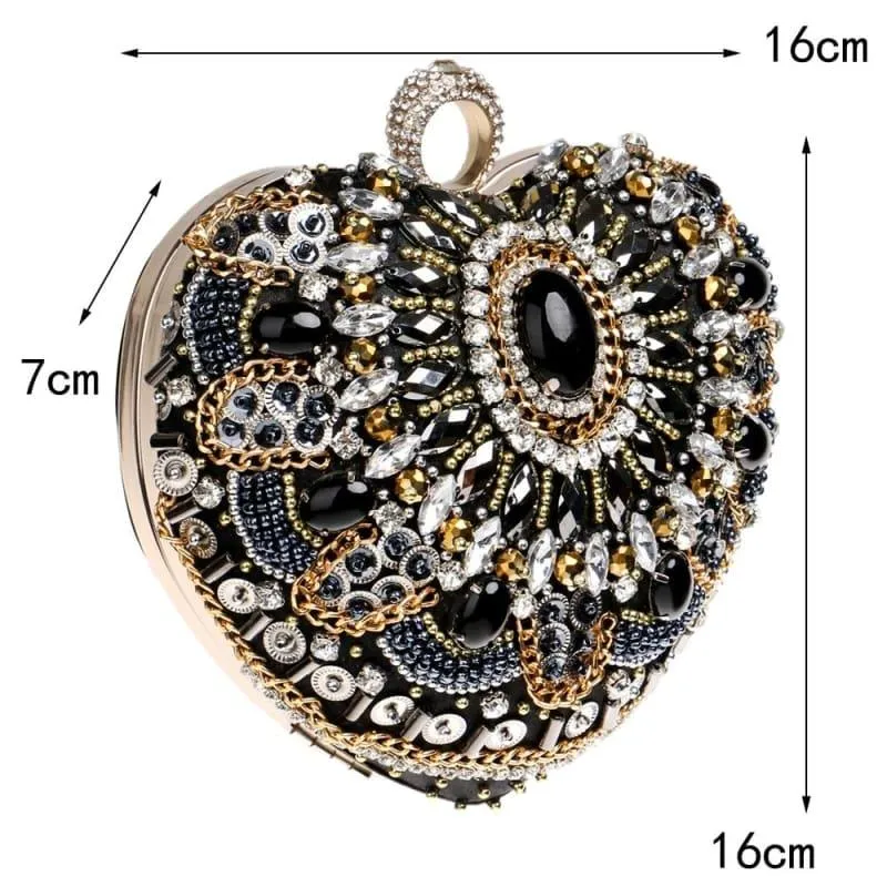 Heart Finger Ring Diamonds Purse Clutch Embroidery Beaded Rhinestones Bag