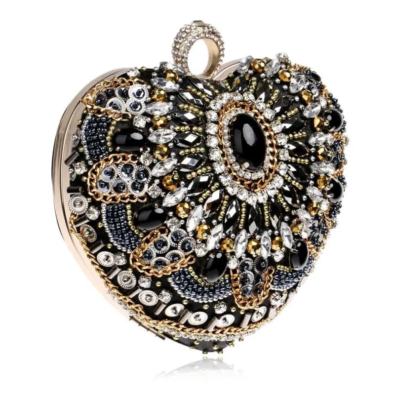 Heart Finger Ring Diamonds Purse Clutch Embroidery Beaded Rhinestones Bag