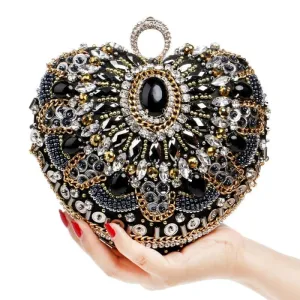 Heart Finger Ring Diamonds Purse Clutch Embroidery Beaded Rhinestones Bag