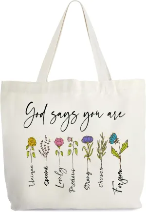 Inspirational Christian Canvas Tote Bag for Women, God Says You Are Unique Bible Tote, Bible Verse Religious Gift Bag, Floral Library Book Bag, Shoulder Bag Gifts for Women Friends Colleagues -26