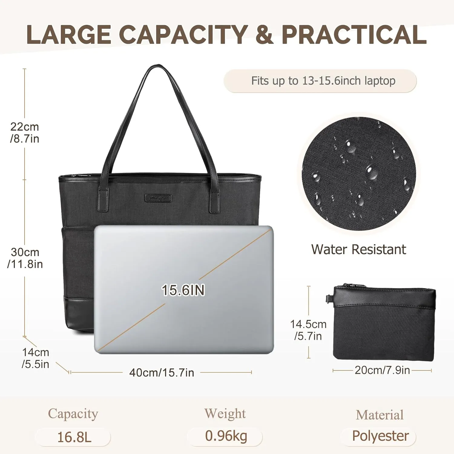 Kasqo Laptop Tote Bag for Women, 15.6" Water Resistant Shockproof Large Shoulder Work Teacher Bag with Luggage Sleeve