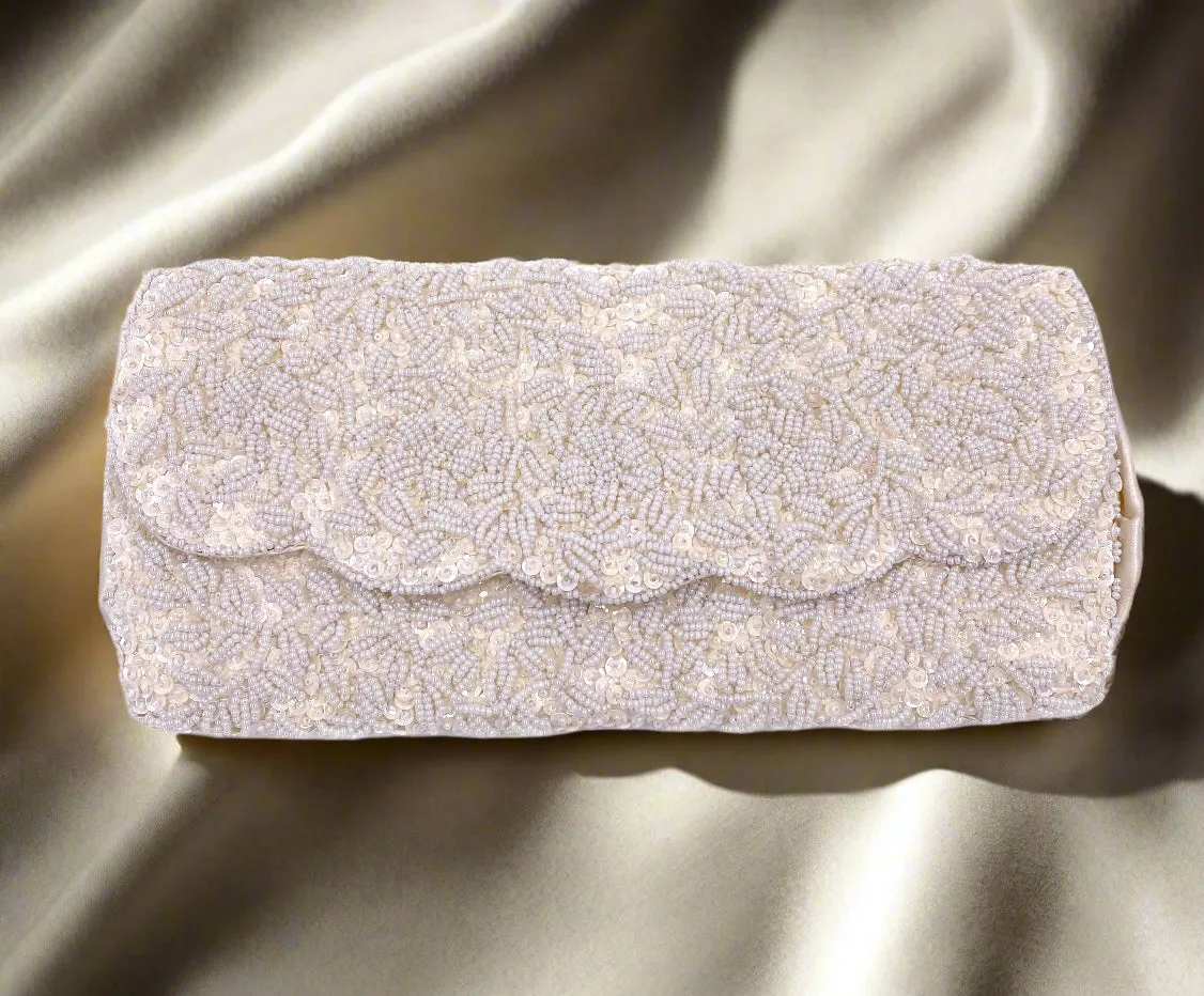La Regale Vintage Handmade White Beaded & Sequin Clutch