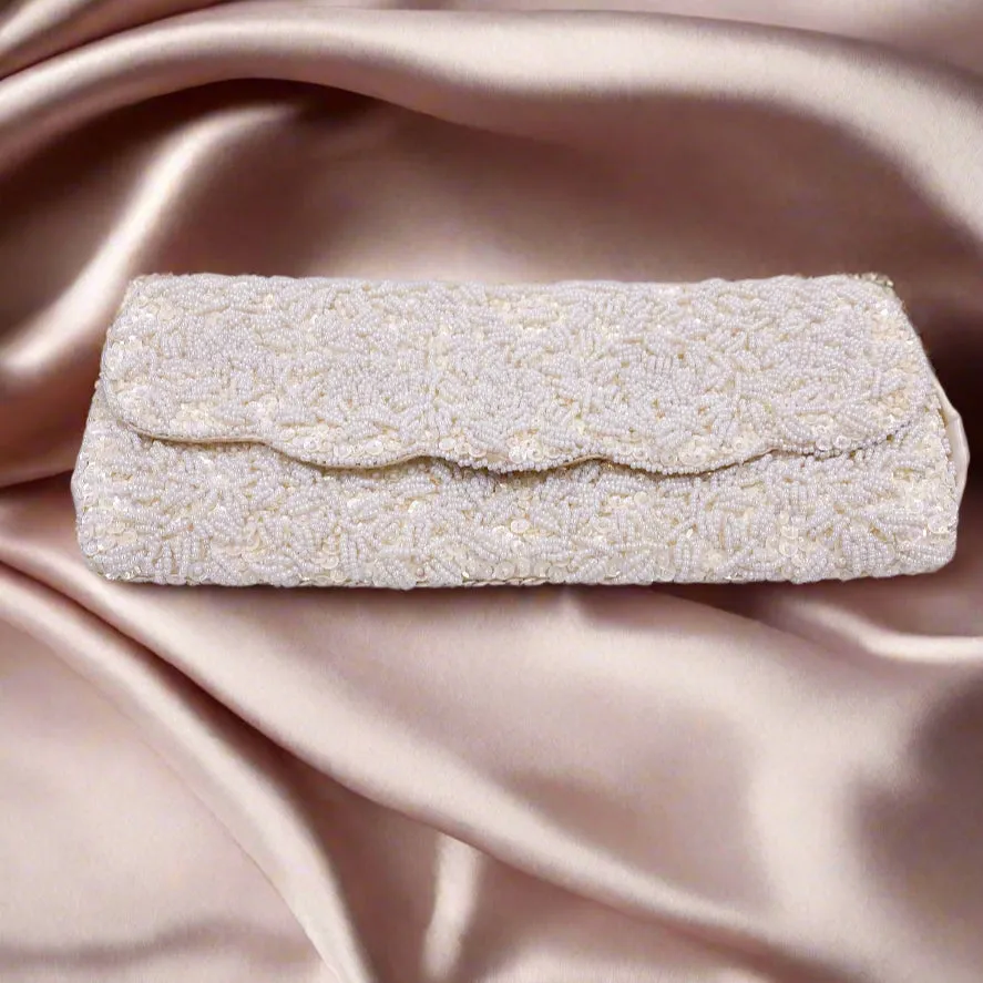 La Regale Vintage Handmade White Beaded & Sequin Clutch