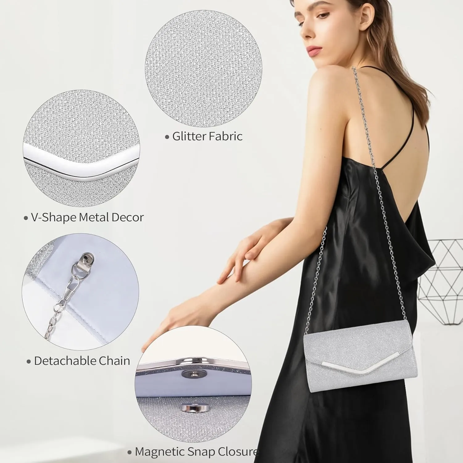 Larcenciel Clutch Purses for Women, Shiny Sequin Envelope Clutch Evening Bag with Chain, Fashion Sparkly Party Prom Purse