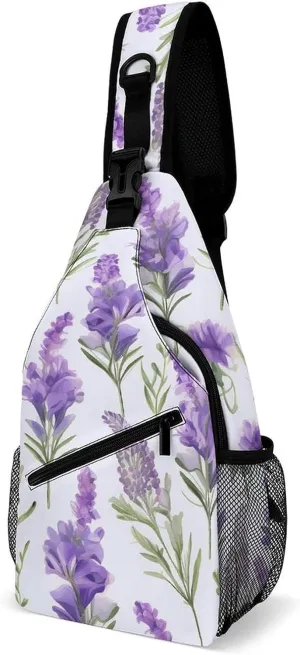 Lightweight Chest Bag Crossbody Bag Lavender Flowers Sling Backpack for Women Men Sports Travel