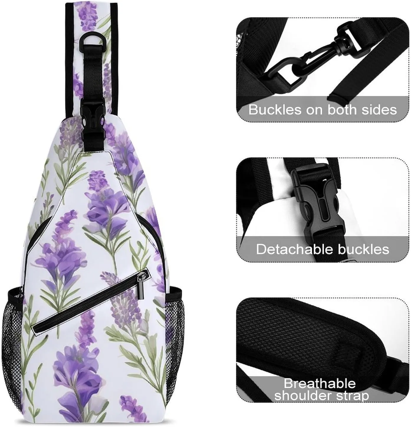 Lightweight Chest Bag Crossbody Bag Lavender Flowers Sling Backpack for Women Men Sports Travel