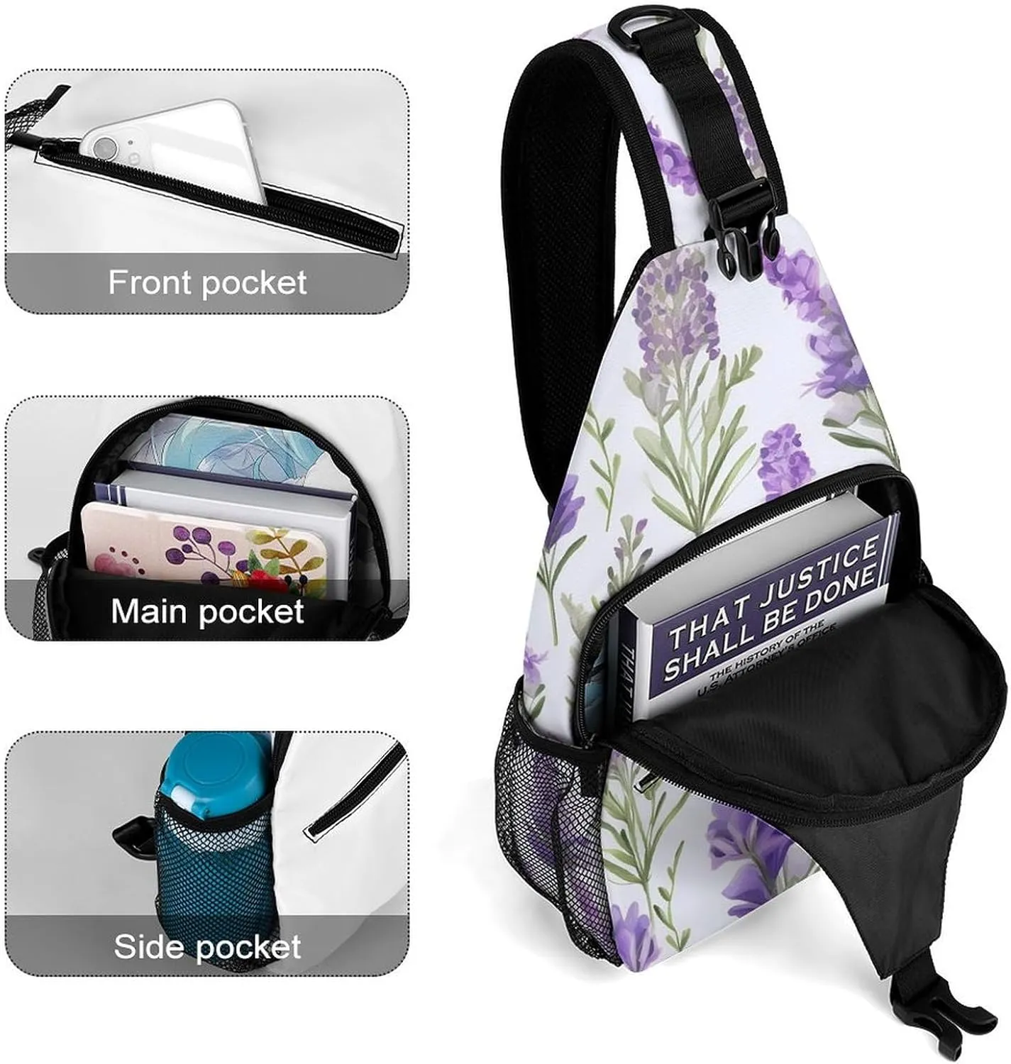 Lightweight Chest Bag Crossbody Bag Lavender Flowers Sling Backpack for Women Men Sports Travel
