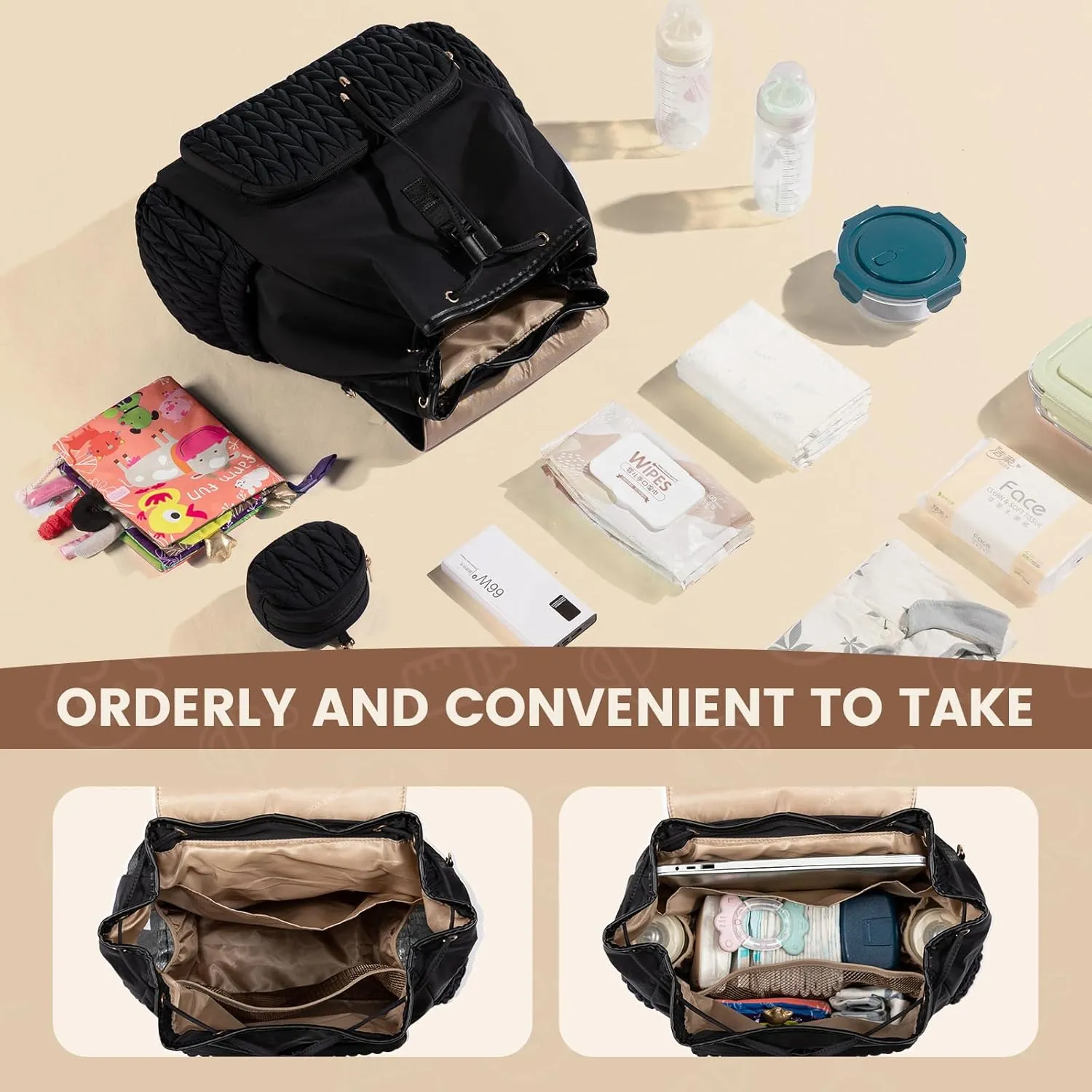 LOVEVOOK Diaper Bag Backpack, Small Cute Baby Bag, Stylish Water-Resistant Travel Bag for Mom, Baby Backpack with Changing Pad, Stroller Straps - Black