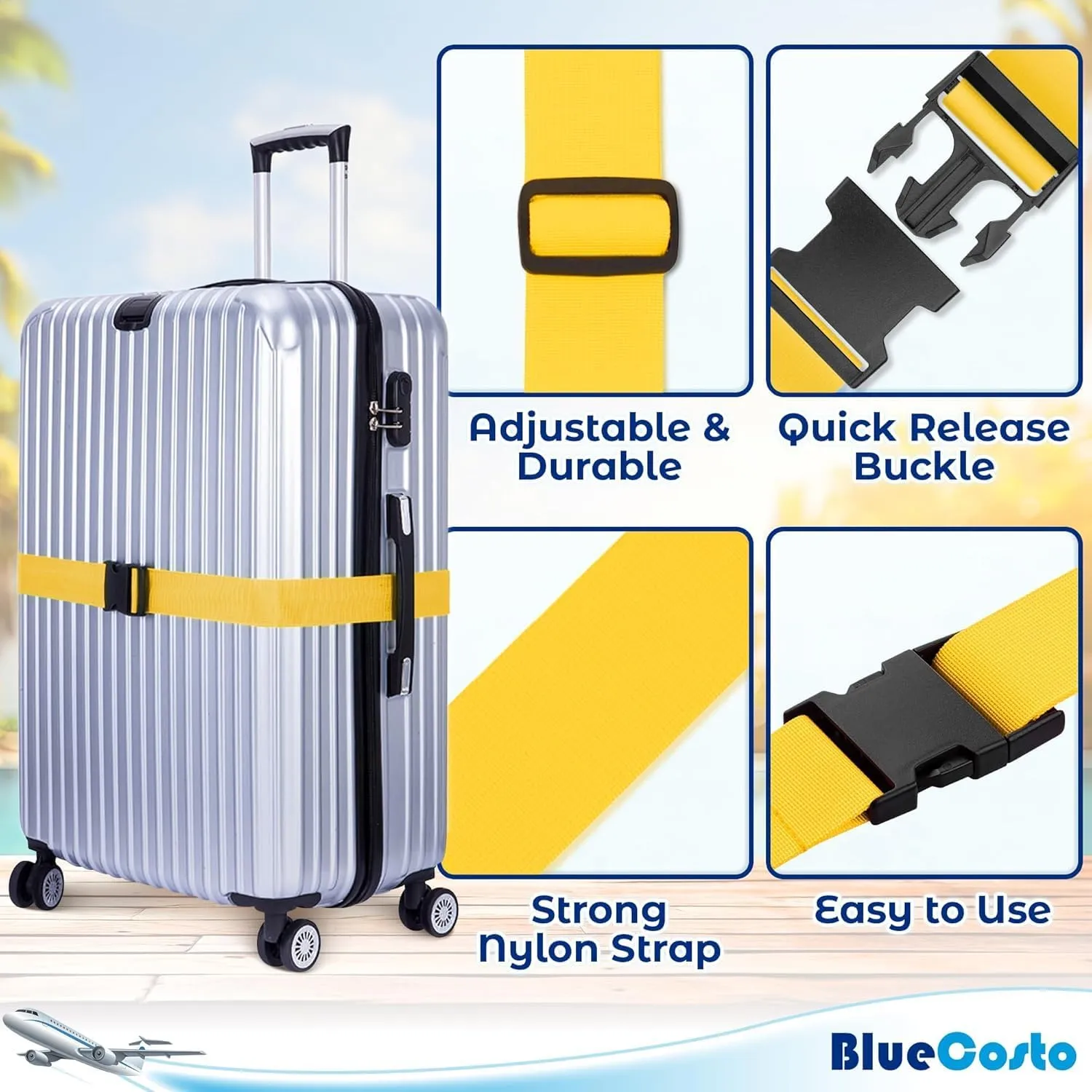 Luggage Straps for Suitcases - TSA Approved - Yellow, 4 PK - Premium Nylon Belts for Suitcase, Briefcase & Travel Bag - Adjustable Strap Length 46" - 78"