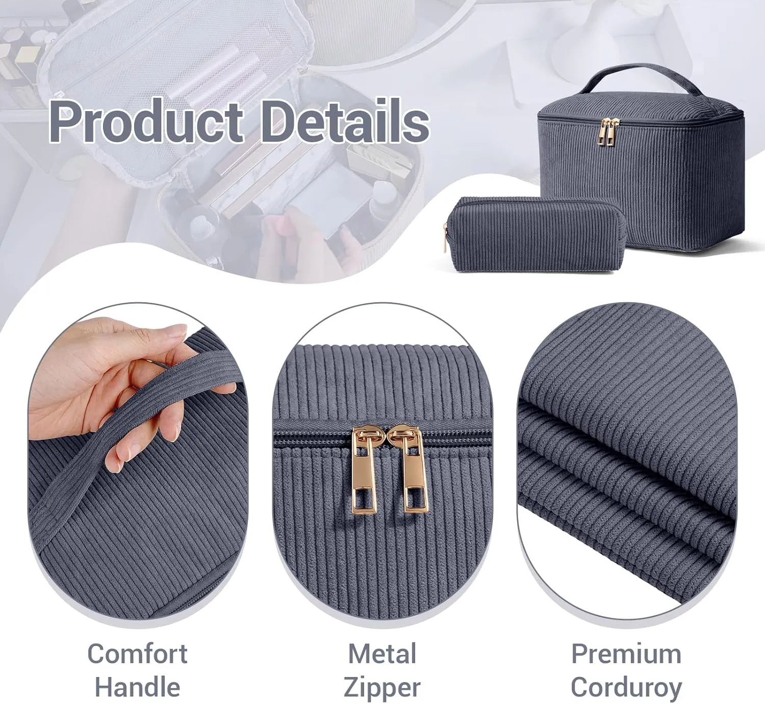 MAGEFY Makeup Bag Cosmetic Bag Large Capacity with Handle Make Up Bags with Mesh Pocket, Travel Makeup Bag for Women,Grey