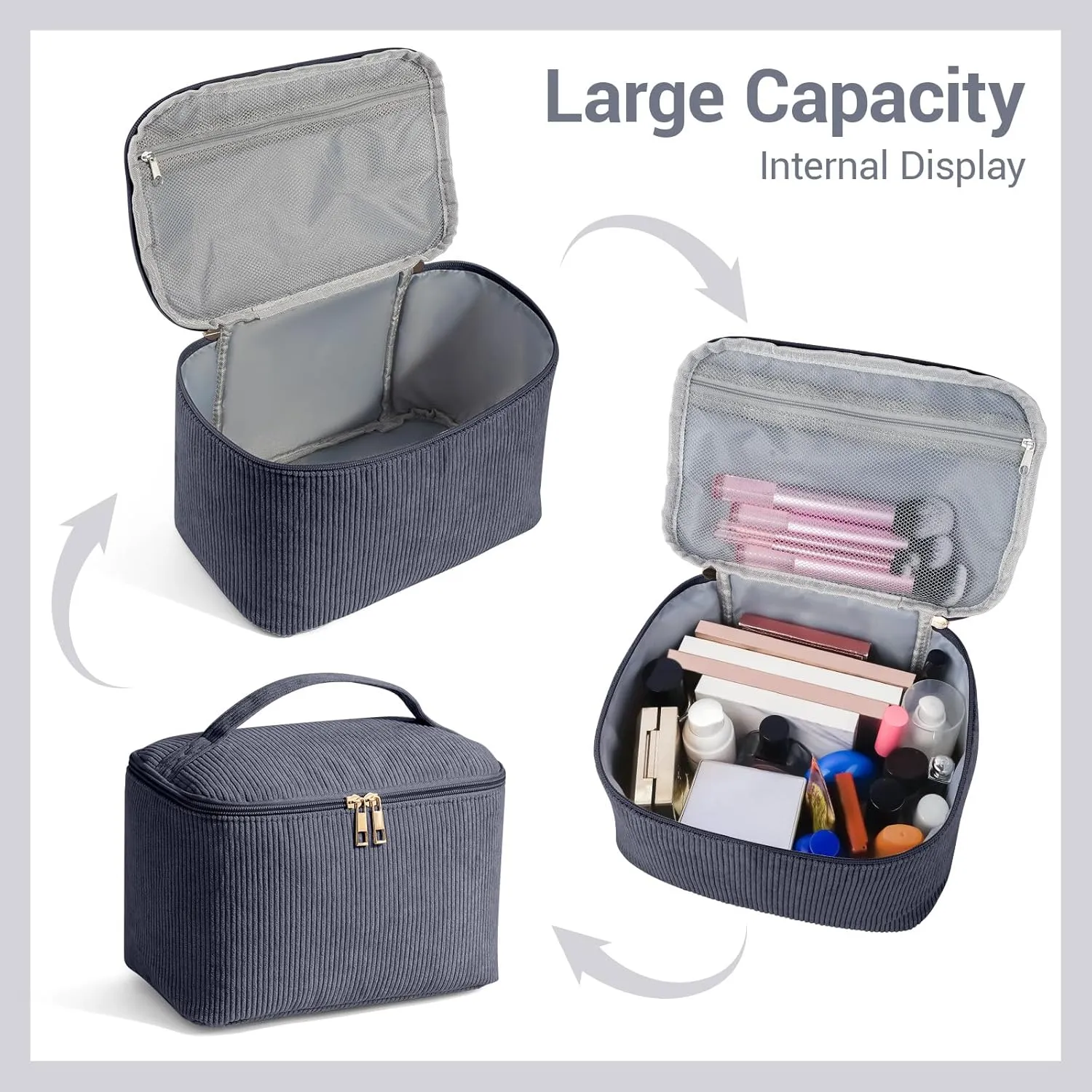 MAGEFY Makeup Bag Cosmetic Bag Large Capacity with Handle Make Up Bags with Mesh Pocket, Travel Makeup Bag for Women,Grey