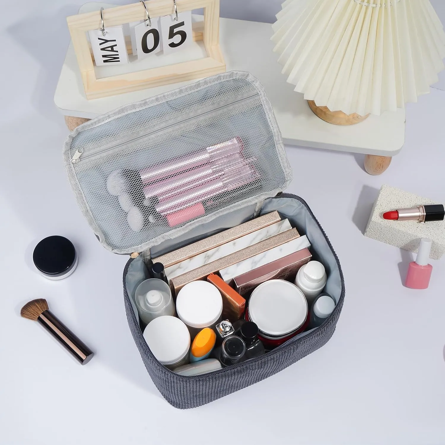 MAGEFY Makeup Bag Cosmetic Bag Large Capacity with Handle Make Up Bags with Mesh Pocket, Travel Makeup Bag for Women,Grey