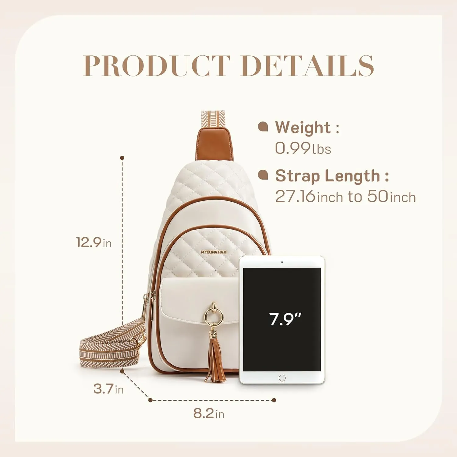 Missnine PU Leather Sling Bag for Women Quilted Chest Crossbody Trendy Travel Bag for Hiking Cycling with Tassel