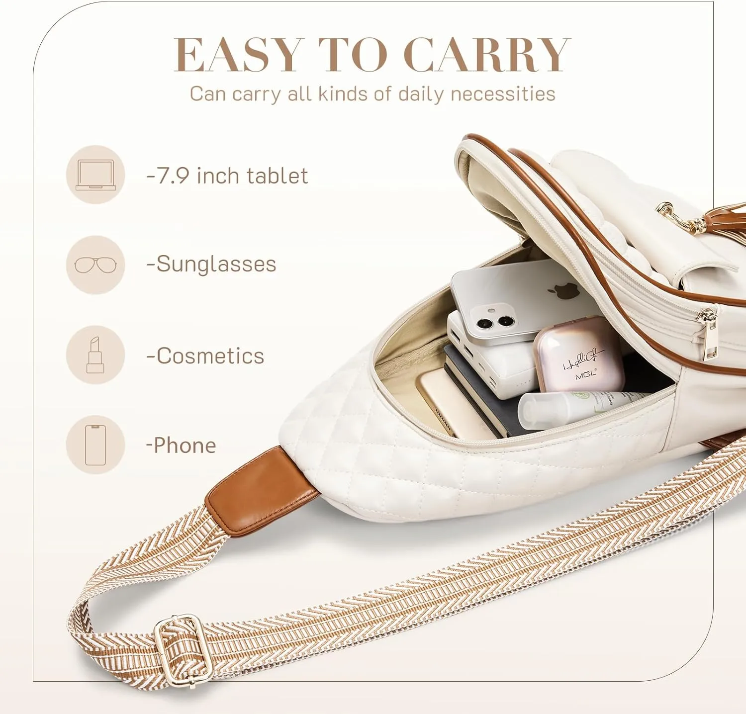 Missnine PU Leather Sling Bag for Women Quilted Chest Crossbody Trendy Travel Bag for Hiking Cycling with Tassel