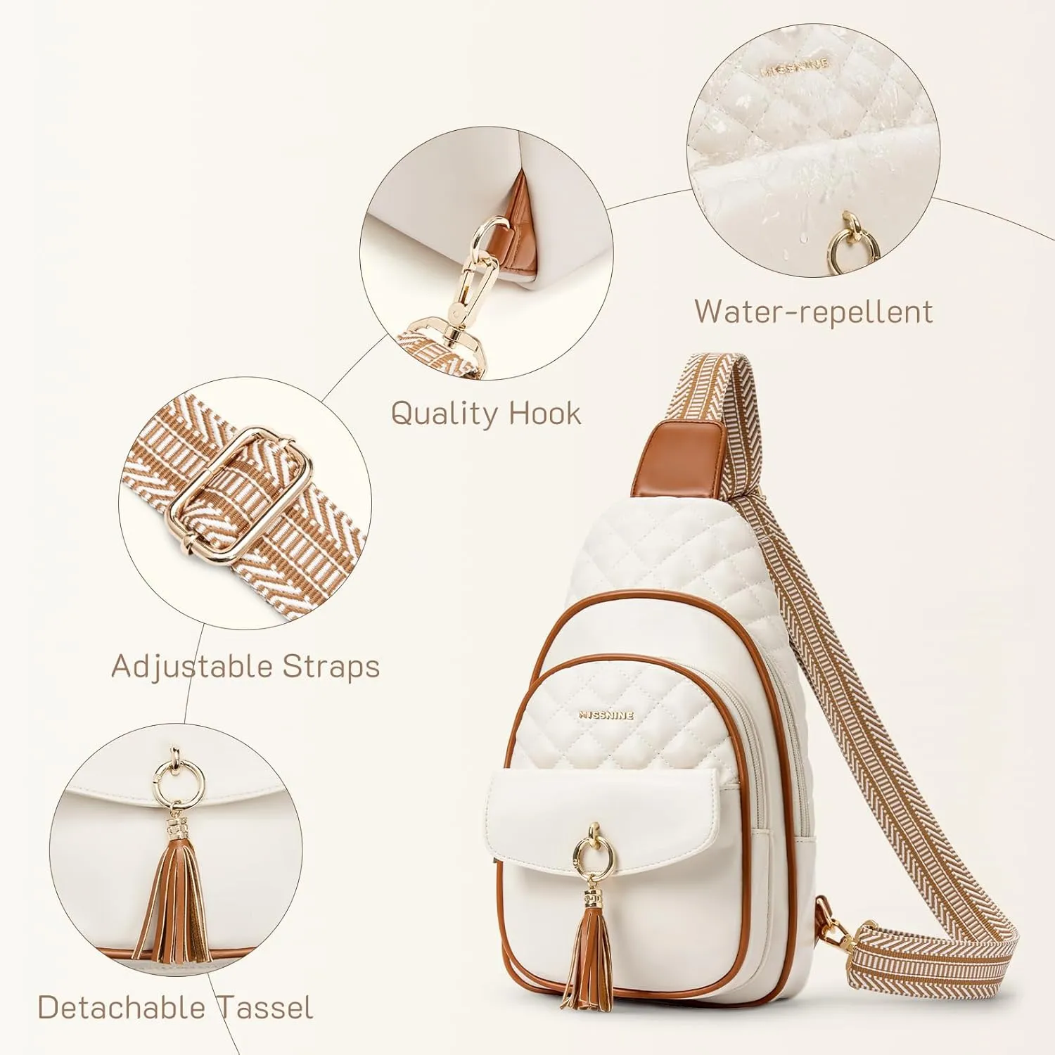 Missnine PU Leather Sling Bag for Women Quilted Chest Crossbody Trendy Travel Bag for Hiking Cycling with Tassel