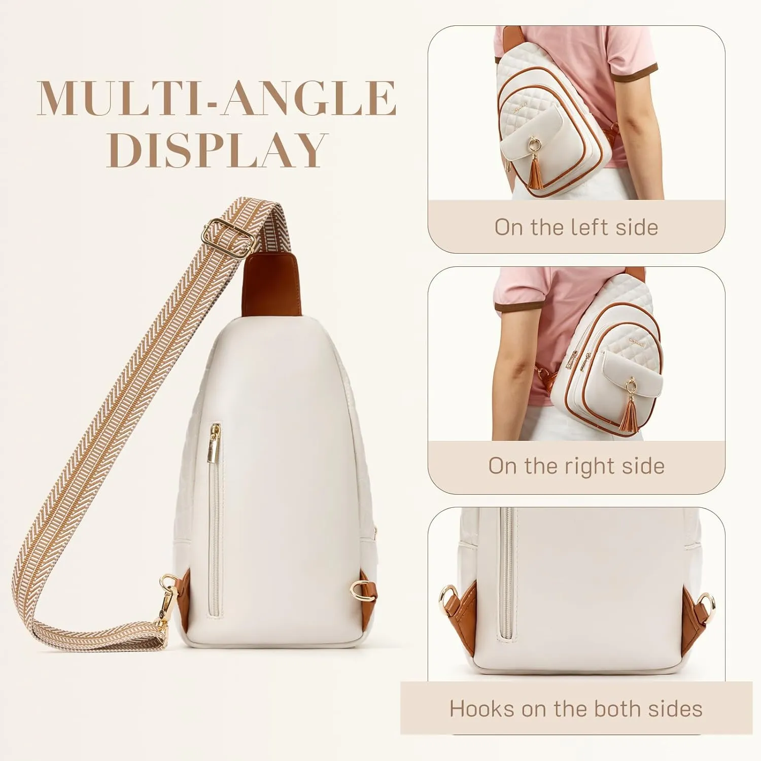 Missnine PU Leather Sling Bag for Women Quilted Chest Crossbody Trendy Travel Bag for Hiking Cycling with Tassel