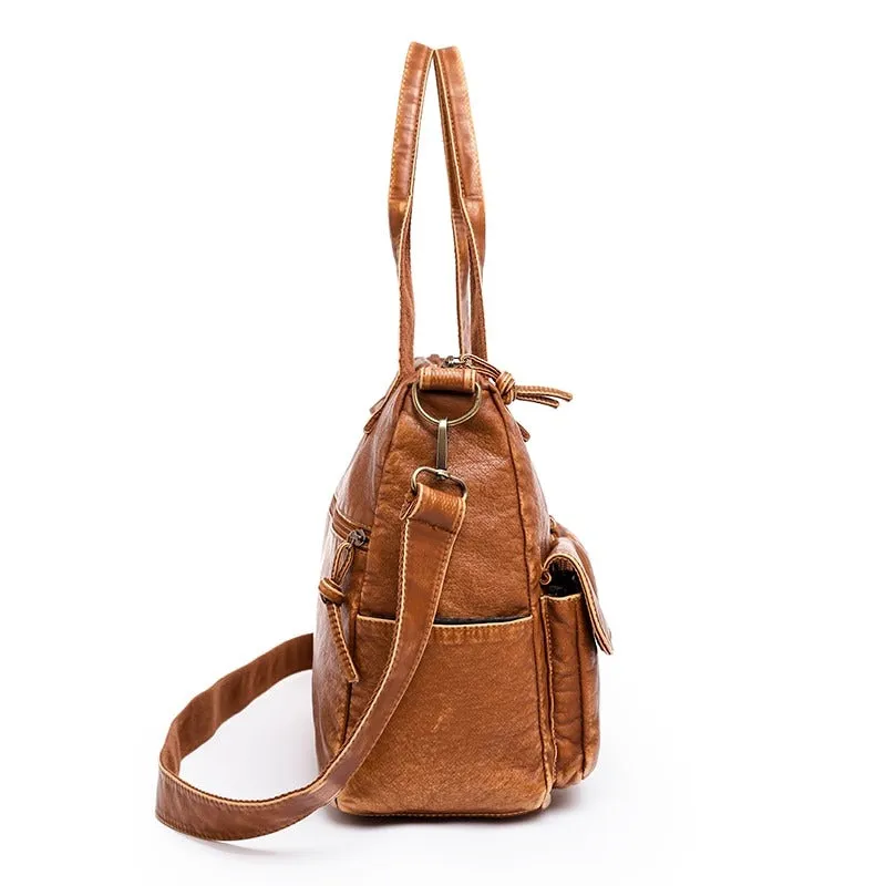 Oversized Soft Vegan Leather Multi-Pocket Vintage Shoulder Bags