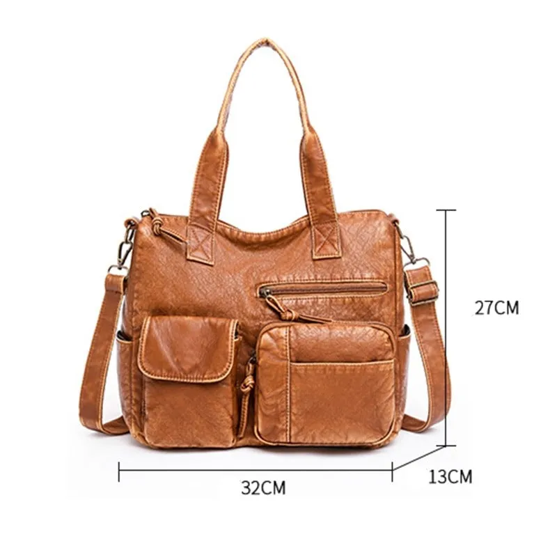 Oversized Soft Vegan Leather Multi-Pocket Vintage Shoulder Bags