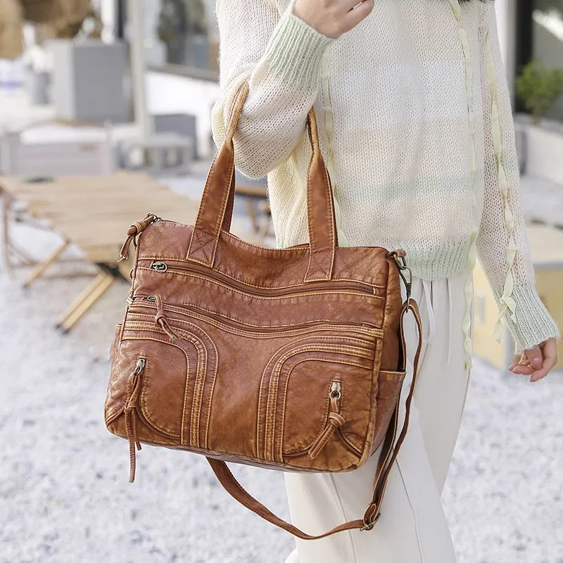 Oversized Soft Vegan Leather Multi-Pocket Vintage Shoulder Bags