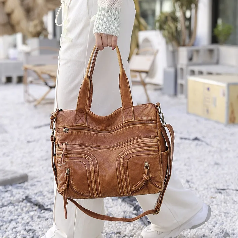 Oversized Soft Vegan Leather Multi-Pocket Vintage Shoulder Bags