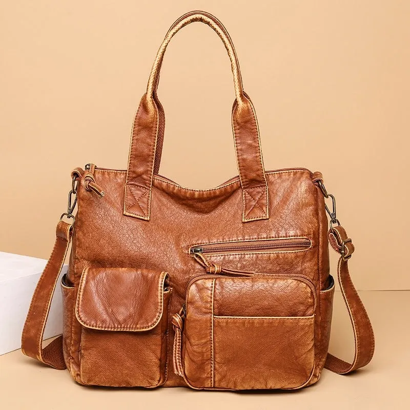 Oversized Soft Vegan Leather Multi-Pocket Vintage Shoulder Bags
