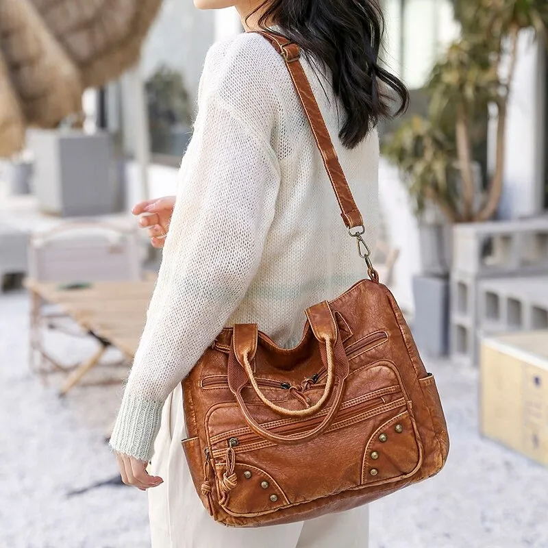 Oversized Soft Vegan Leather Multi-Pocket Vintage Shoulder Bags