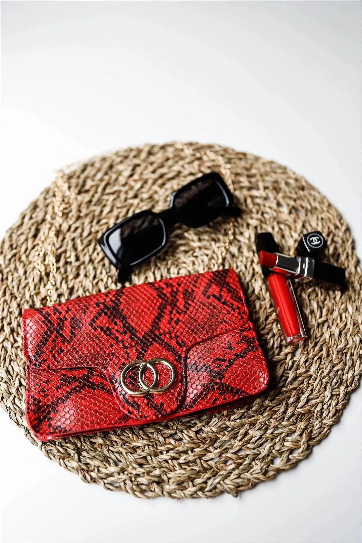Red Faux Snake Leather Metal Rings Gold Chain Crossbody Bag /3 Bags