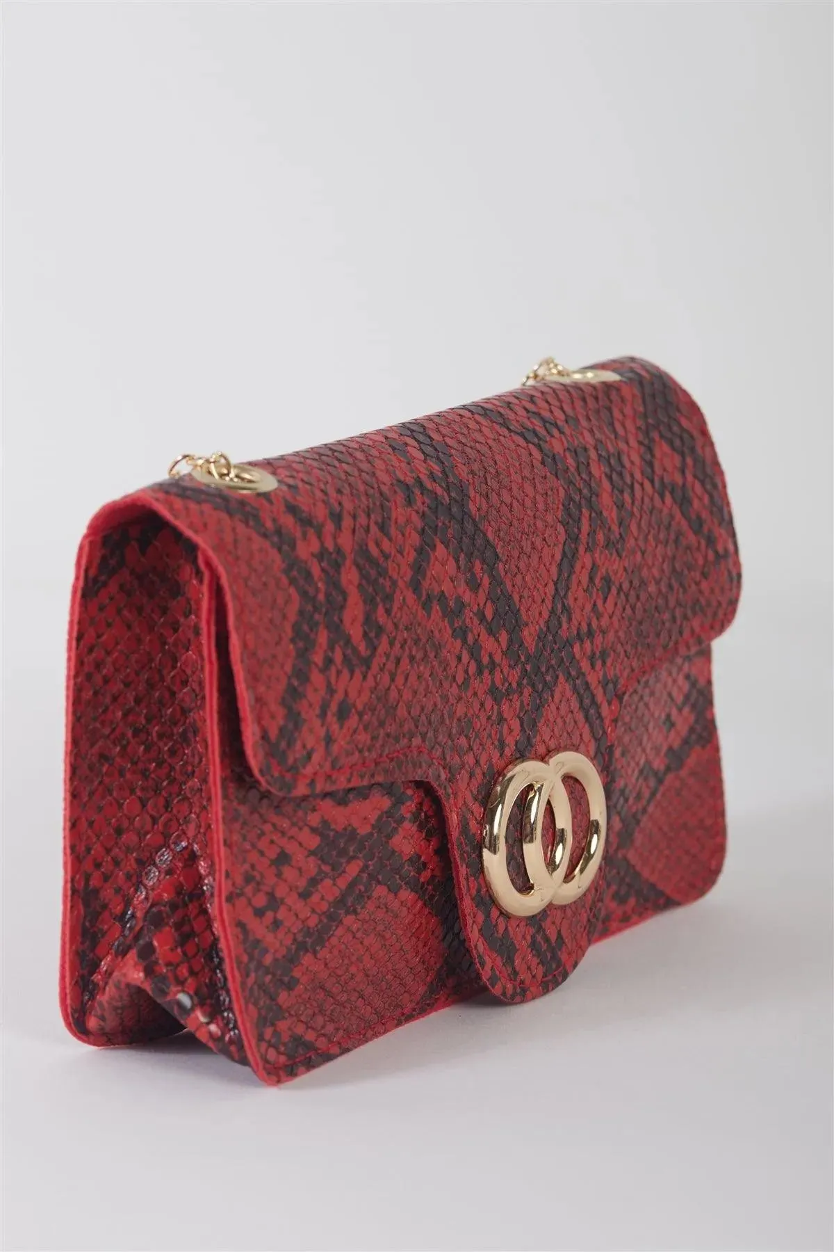 Red Faux Snake Leather Metal Rings Gold Chain Crossbody Bag /3 Bags