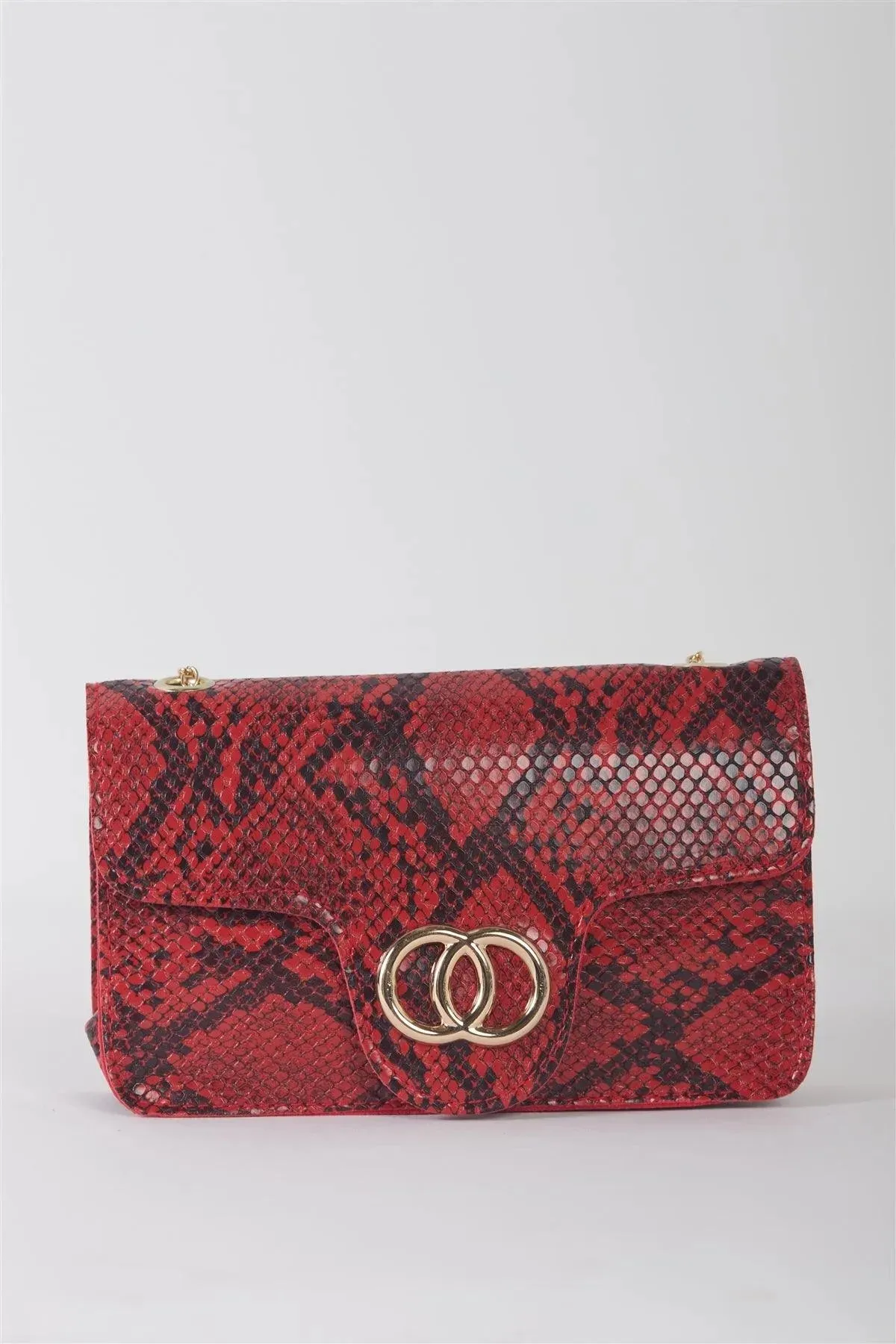 Red Faux Snake Leather Metal Rings Gold Chain Crossbody Bag /3 Bags