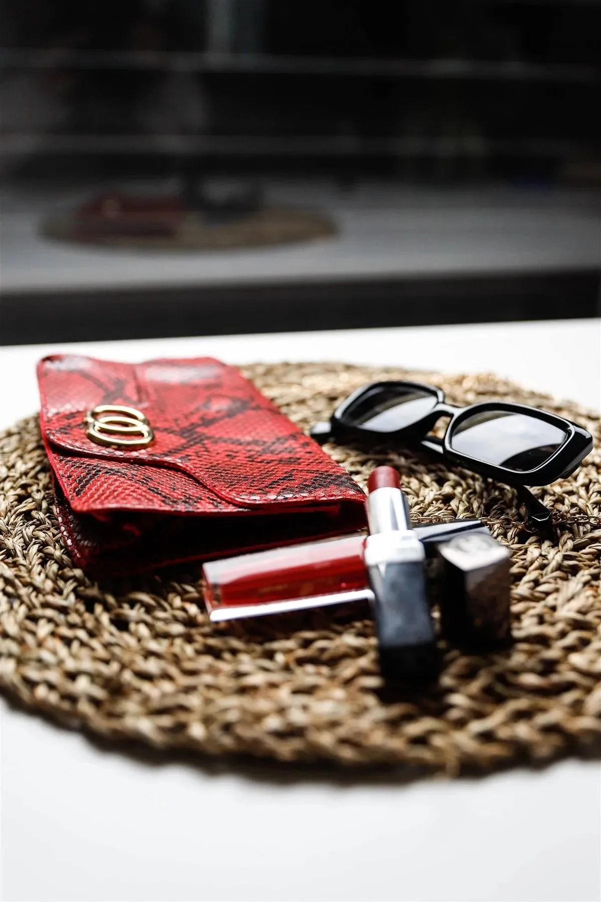 Red Faux Snake Leather Metal Rings Gold Chain Crossbody Bag /3 Bags