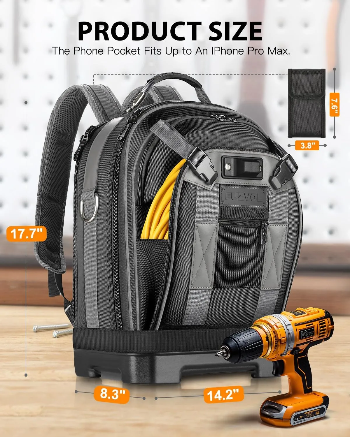 Tool Backpack with Laptop Compartment, Full-Open Tool Bag, Hvac Tool Bags, Heavy Duty Electrician/Construction/Carpentry Work Backpack for Men With Removable Tool Organizer and Phone Pocket, Grey