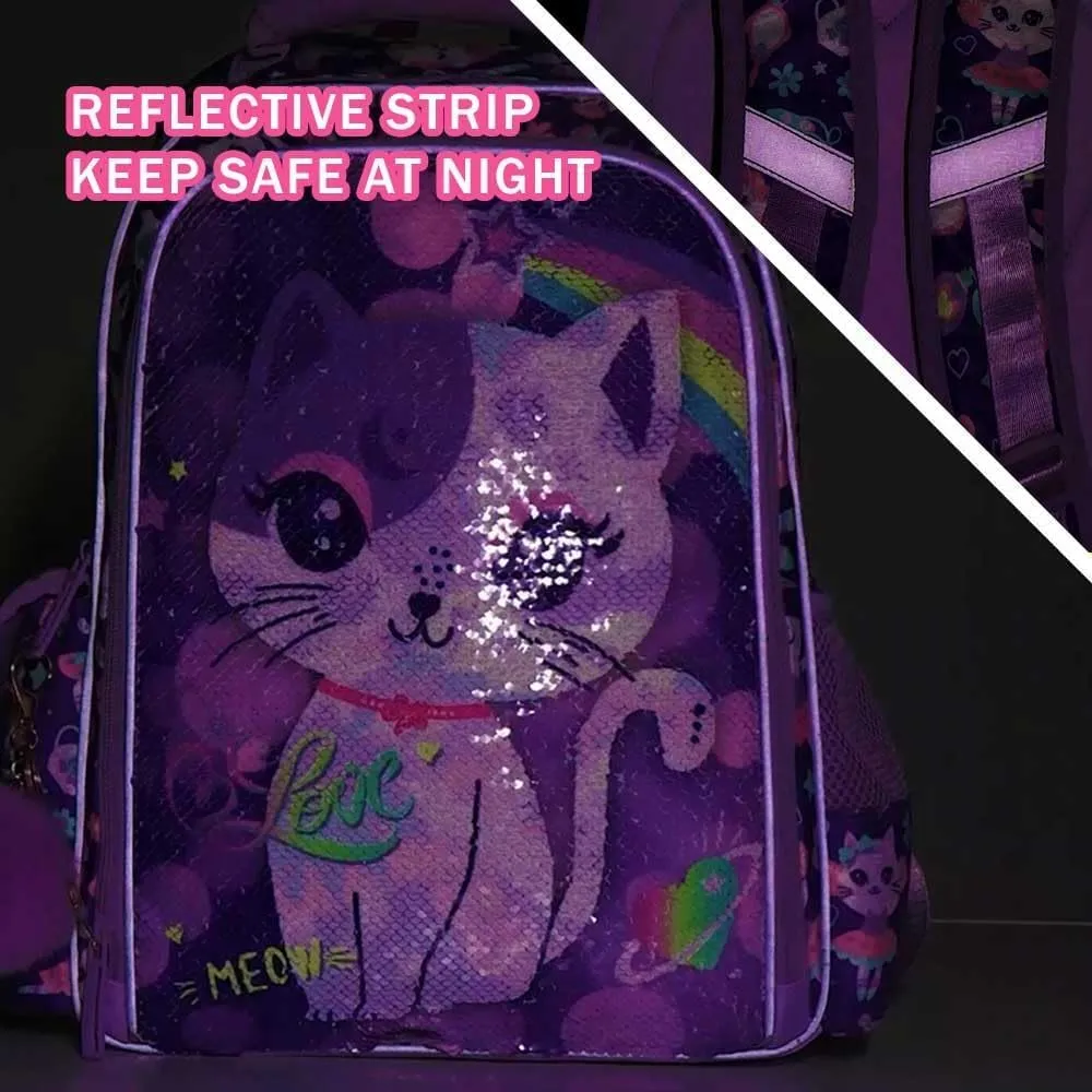 UFNDC 3PCS Cat Backpack for Girls, 16Kids Sequin Bookbag with Lunch Box, Water Resistant School Bag for Elementary Preschool Toddler
