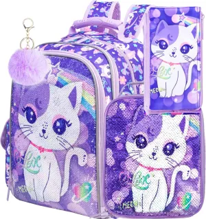 UFNDC 3PCS Cat Backpack for Girls, 16Kids Sequin Bookbag with Lunch Box, Water Resistant School Bag for Elementary Preschool Toddler