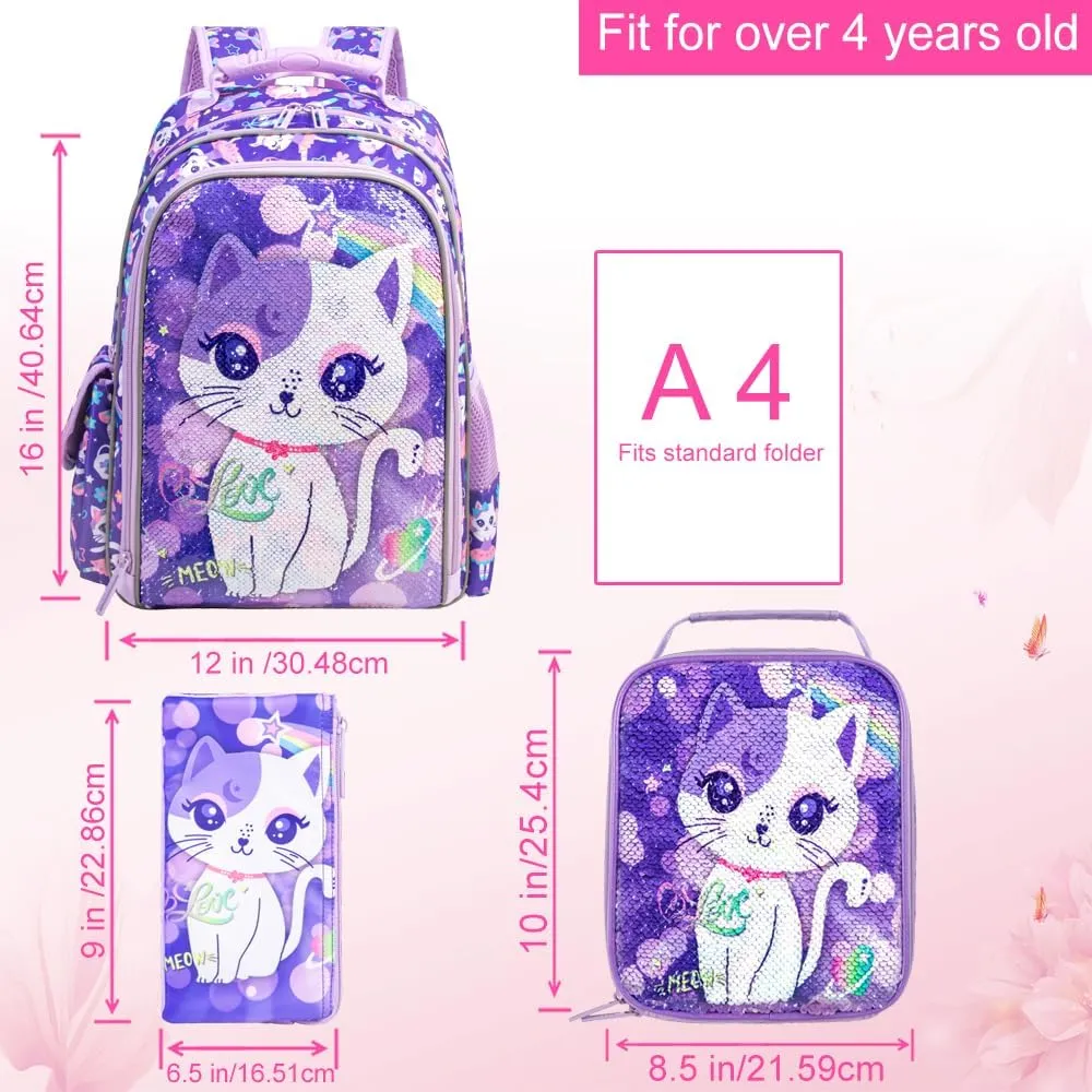 UFNDC 3PCS Cat Backpack for Girls, 16Kids Sequin Bookbag with Lunch Box, Water Resistant School Bag for Elementary Preschool Toddler