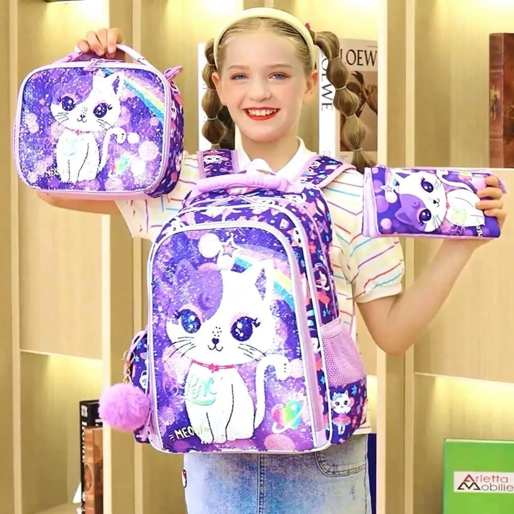UFNDC 3PCS Cat Backpack for Girls, 16Kids Sequin Bookbag with Lunch Box, Water Resistant School Bag for Elementary Preschool Toddler