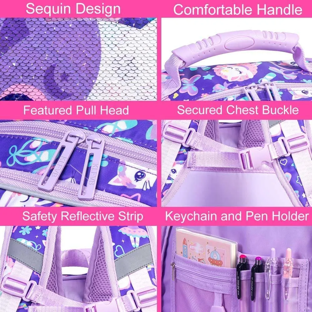 UFNDC 3PCS Cat Backpack for Girls, 16Kids Sequin Bookbag with Lunch Box, Water Resistant School Bag for Elementary Preschool Toddler